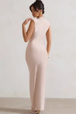 Samira | Champagne Ruched High-Neck Split Maxi Dress
