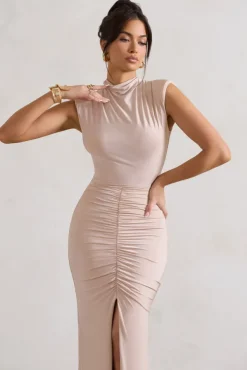 Samira | Champagne Ruched High-Neck Split Maxi Dress