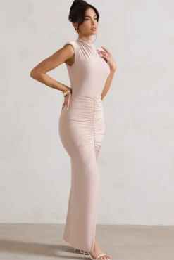 Samira | Champagne Ruched High-Neck Split Maxi Dress