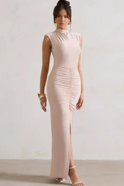 Samira | Champagne Ruched High-Neck Split Maxi Dress