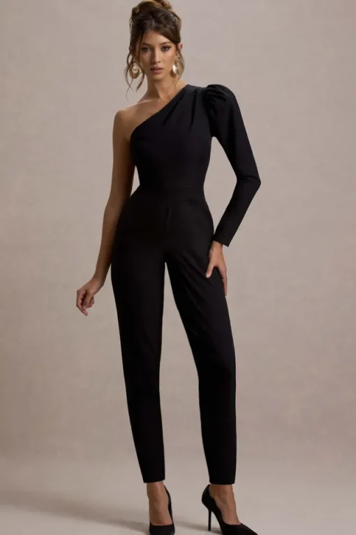 San Jose | Black One-Shoulder Puff-Sleeve Jumpsuit