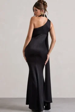 Sancia | Black Satin Asymmetric Maxi Dress With Sash