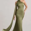 Sancia | Olive Satin Asymmetric Maxi Dress With Sash