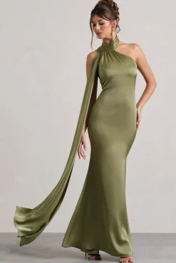 Sancia | Olive Satin Asymmetric Maxi Dress With Sash