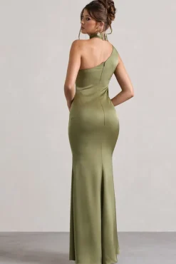 Sancia | Olive Satin Asymmetric Maxi Dress With Sash
