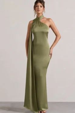 Sancia | Olive Satin Asymmetric Maxi Dress With Sash
