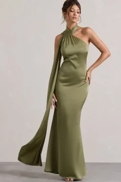 Sancia | Olive Satin Asymmetric Maxi Dress With Sash