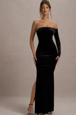 Sandrine | Black Velvet One-Sleeve Fishtail Maxi Dress