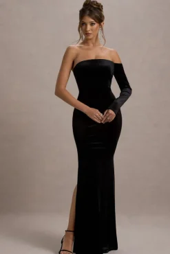 Sandrine | Black Velvet One-Sleeve Fishtail Maxi Dress