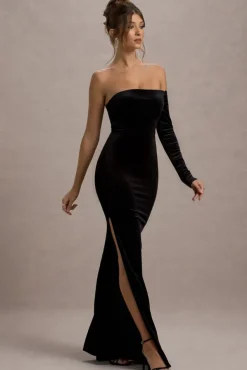 Sandrine | Black Velvet One-Sleeve Fishtail Maxi Dress