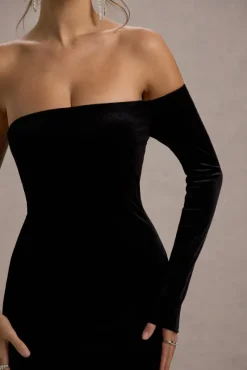 Sandrine | Black Velvet One-Sleeve Fishtail Maxi Dress