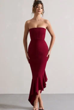 Sandy | Berry Strapless Corset Asymmetric Maxi Dress
