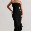 Sandy | Black Strapless Corset Asymmetric Maxi Dress