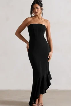 Sandy | Black Strapless Corset Asymmetric Maxi Dress