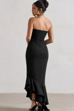 Sandy | Black Strapless Corset Asymmetric Maxi Dress
