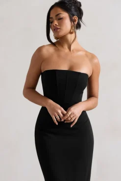 Sandy | Black Strapless Corset Asymmetric Maxi Dress