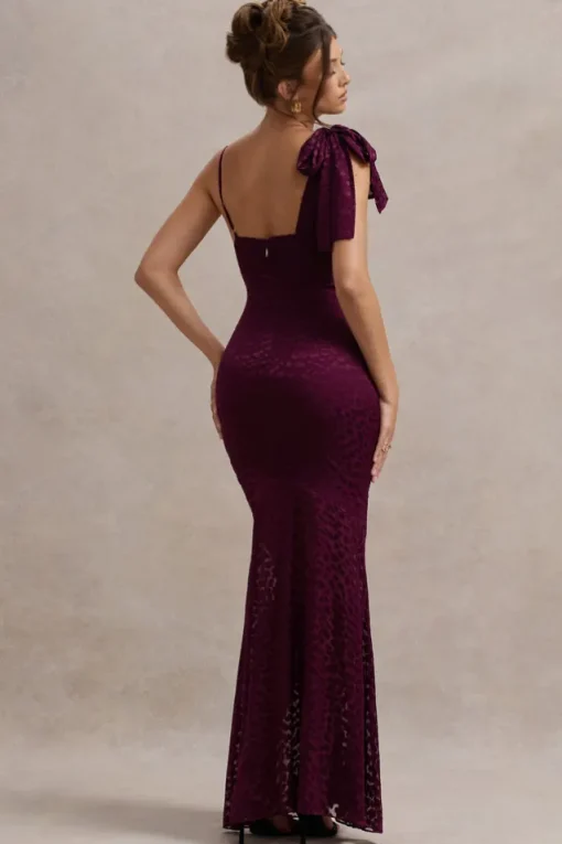 Sangria | Burgundy Satin Jacquard Cowl-Neck Maxi Dress