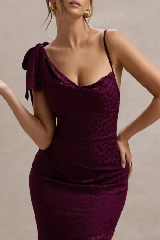 Sangria | Burgundy Satin Jacquard Cowl-Neck Maxi Dress