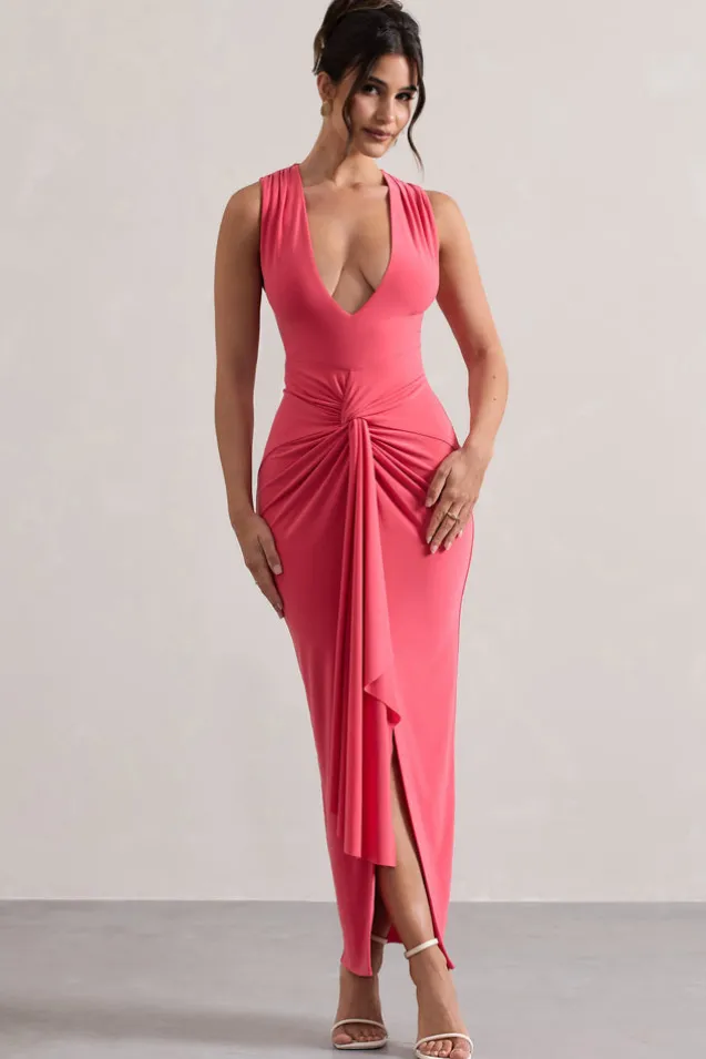 Santana | Coral Plunge-Neck Split Maxi Dress With Knot Detail