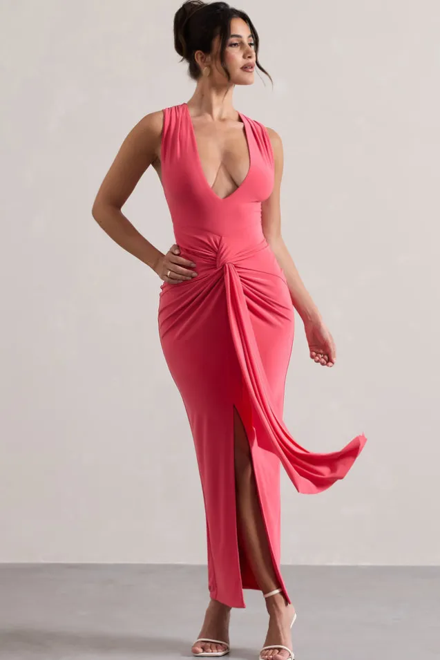 Santana | Coral Plunge-Neck Split Maxi Dress With Knot Detail