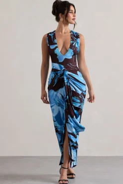 Santana | Floral Print Plunge-Neck Split Maxi Dress With Knot Detail