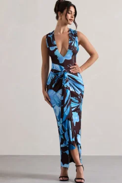 Santana | Floral Print Plunge-Neck Split Maxi Dress With Knot Detail