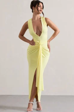 Santana | Lemon Plunge-Neck Split Maxi Dress With Knot Detail
