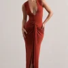 Santana | Terracotta Plunge-Neck Split Maxi Dress With Knot Detail