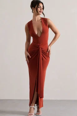 Santana | Terracotta Plunge-Neck Split Maxi Dress With Knot Detail
