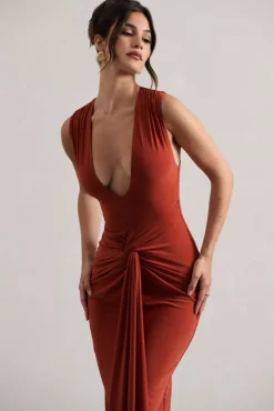 Santana | Terracotta Plunge-Neck Split Maxi Dress With Knot Detail