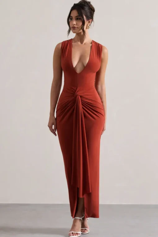 Santana | Terracotta Plunge-Neck Split Maxi Dress With Knot Detail