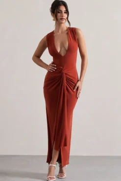 Santana | Terracotta Plunge-Neck Split Maxi Dress With Knot Detail