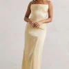 Santi | Lemon Satin Cowl-Neck Asymmetric Maxi Dress