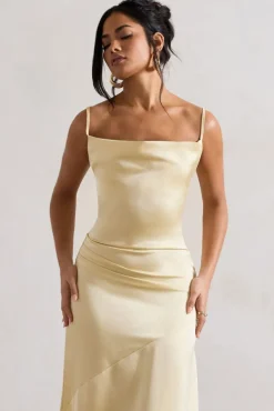 Santi | Lemon Satin Cowl-Neck Asymmetric Maxi Dress