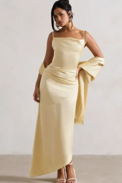 Santi | Lemon Satin Cowl-Neck Asymmetric Maxi Dress