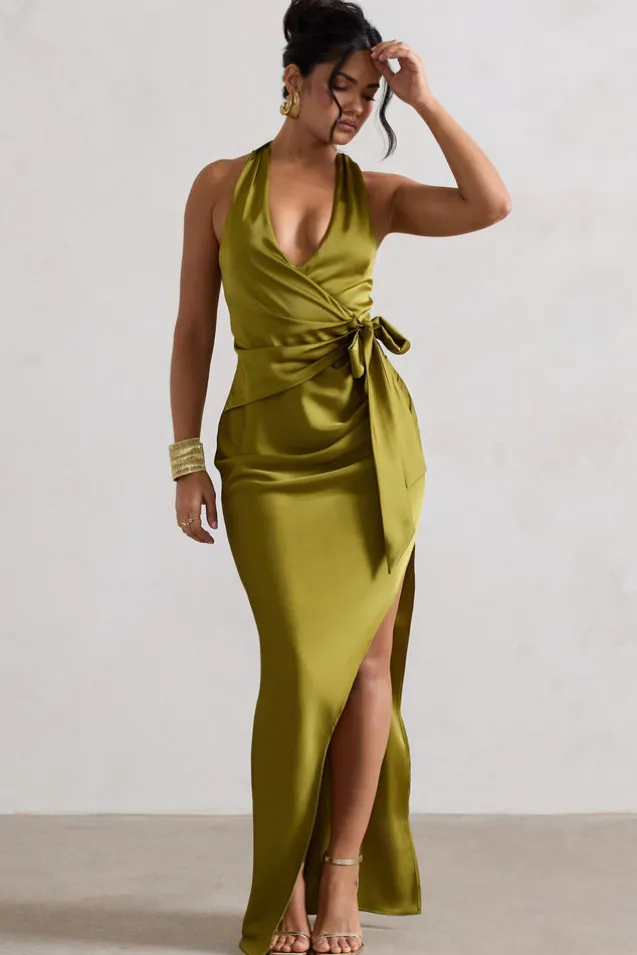 Santorini | Olive Satin Plunge-Neck Wrap Maxi Dress