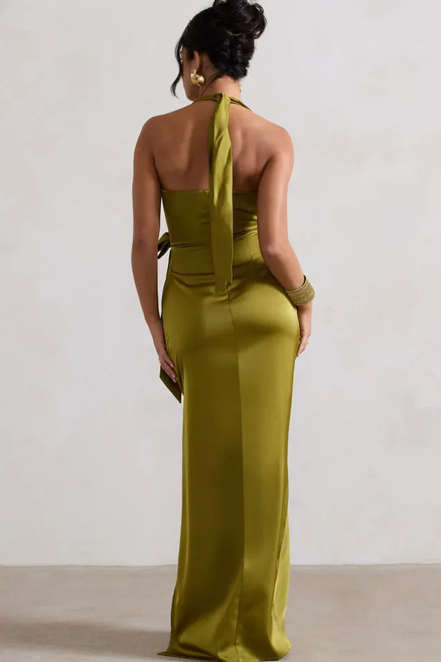 Santorini | Olive Satin Plunge-Neck Wrap Maxi Dress