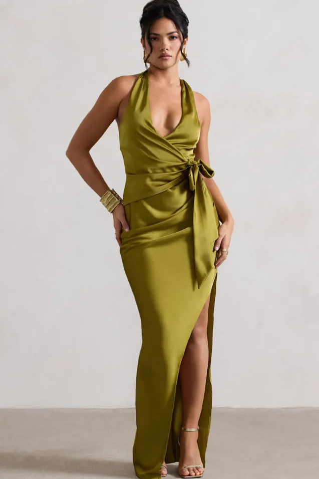 Santorini | Olive Satin Plunge-Neck Wrap Maxi Dress