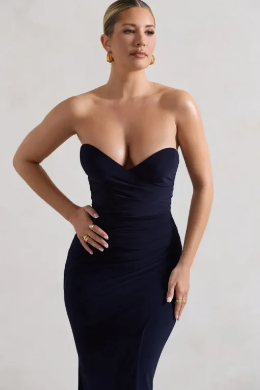 Saphira | Navy Gathered Corset Style Split Maxi Dress