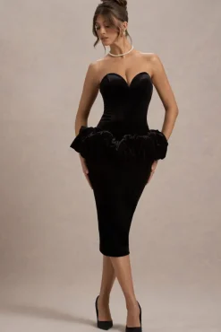 Sarifa | Black Velvet Strapless Corset Midi Dress With Ruffle Peplum
