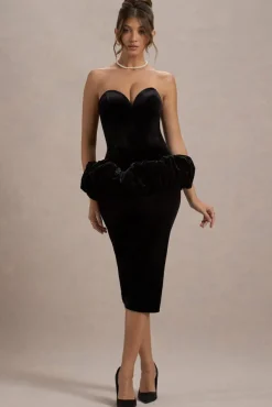 Sarifa | Black Velvet Strapless Corset Midi Dress With Ruffle Peplum