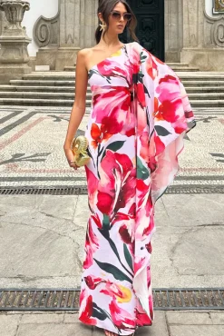 Sarita | Pink Floral Print One-Shoulder Cape Sleeve Maxi Dress