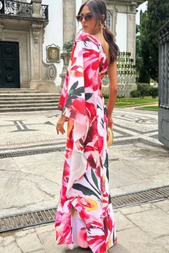 Sarita | Pink Floral Print One-Shoulder Cape Sleeve Maxi Dress