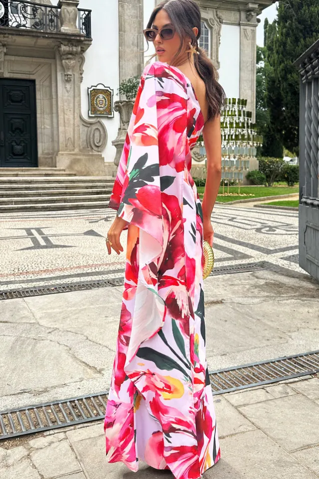 Sarita | Pink Floral Print One-Shoulder Cape Sleeve Maxi Dress