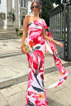 Sarita | Pink Floral Print One-Shoulder Cape Sleeve Maxi Dress