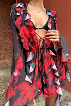 Sauvage | Red u0026 Black Floral Print Chiffon Ruffle Long Sleeve Playsuit