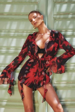 Sauvage | Red u0026 Black Floral Print Chiffon Ruffle Long Sleeve Playsuit