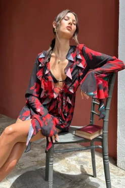 Sauvage | Red u0026 Black Floral Print Chiffon Ruffle Long Sleeve Playsuit
