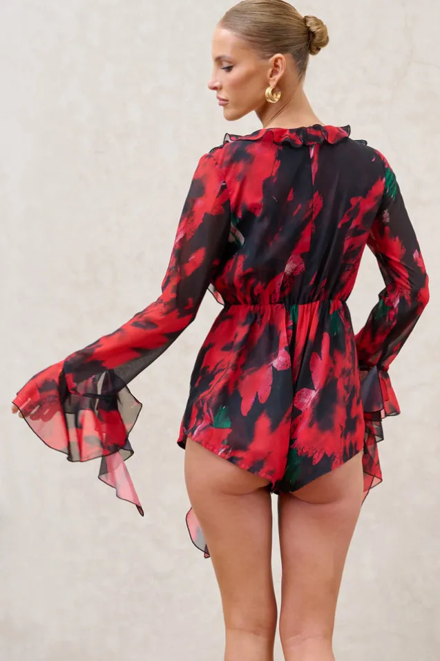 Sauvage | Red u0026 Black Floral Print Chiffon Ruffle Long Sleeve Playsuit