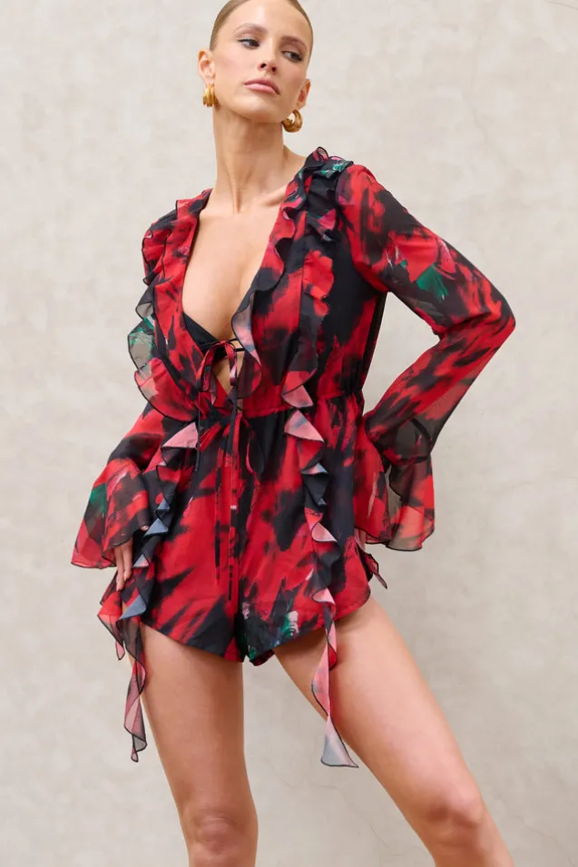 Sauvage | Red u0026 Black Floral Print Chiffon Ruffle Long Sleeve Playsuit
